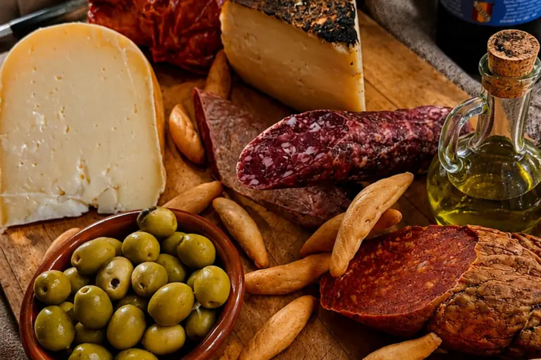 Queso de Mahón, sobrasada, embutidos y aceitunas: producto local de Menorca